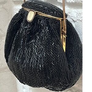 Bonwit Teller Vintage Beaded‎ Evening Bag Long gold Strap Crossbody Black
